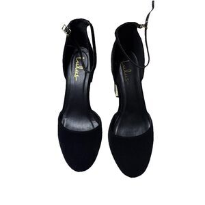 Lulus Black Suede Shoes Gold Accent Block 4" Heel Ankle Strap Slingback Size 10